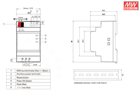 Zasilacz na szynę DIN z obsługą standardu KNX 30V 0,64A 19,2W MEAN WELL | KNX-20E-640