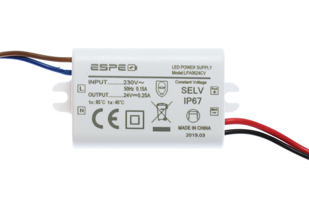 Zasilacz LED 24V 0,25A 6W wodoszczelny IP67 | ESPE LPA0624CV 